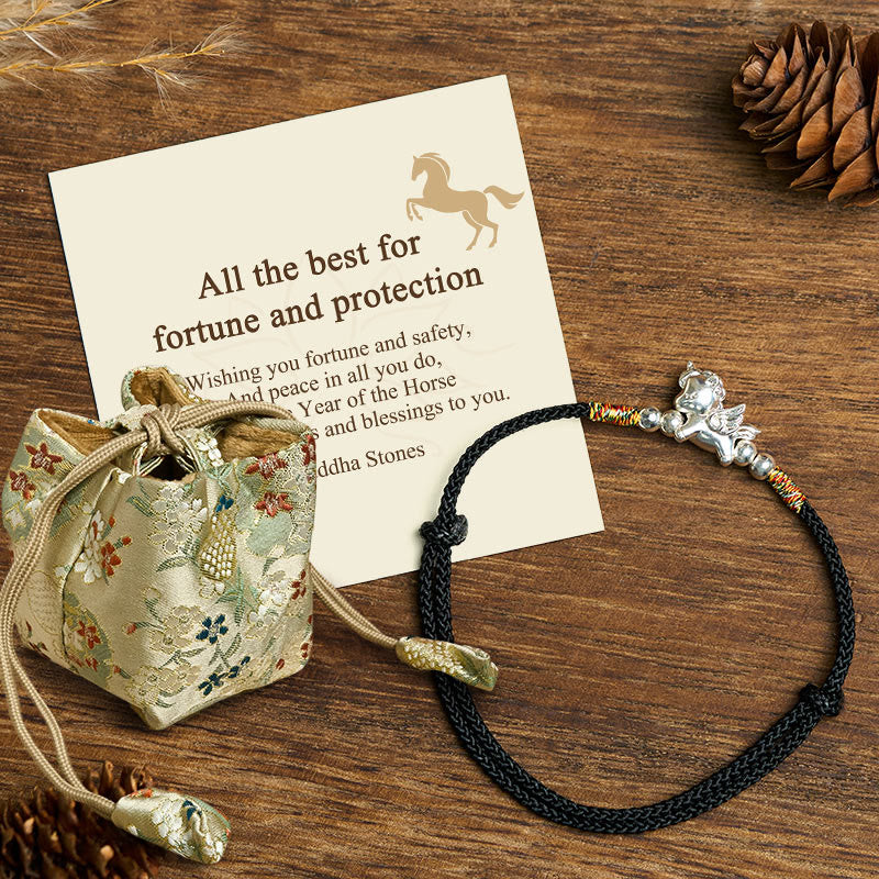 Buddha Stones "All the Best for Fortune and Protection" 925 Sterling Silver Year Of The Horse String Bracelet Includes Gift Message Card - Black(Wrist Circumference: 14-18cm) - Deluxe Gift Bag (+$9.59) - image 19