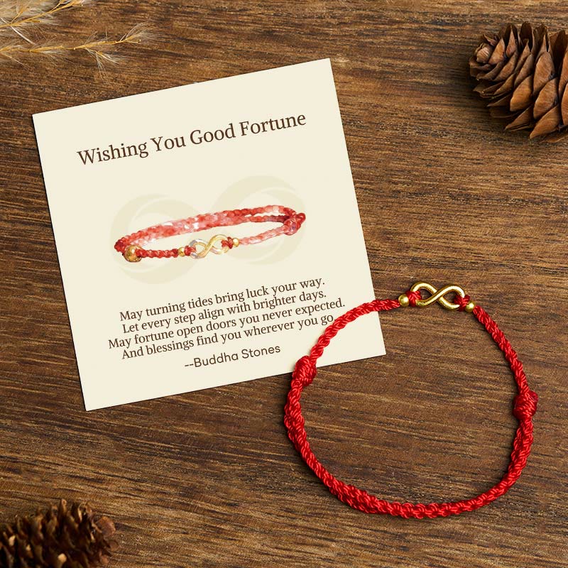 Buddha Stones "May Endless Luck Find You" Infinity Charm Brass Red String Bracelet Includes Gift Message Card - Red String(Wrist Circumference: 14-18cm) - Standard Gift Box - image 0