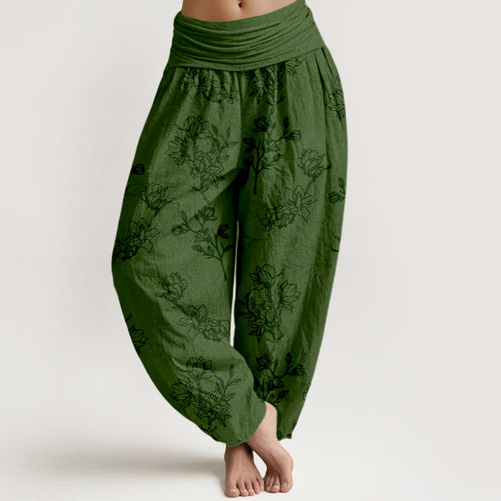 Buddha Stones Cotton Simple Flower Bud Pattern Women's Elastic Waist Harem Pants - DarkGreen - US16，UK/AU20，EU48 (3XL) - image 0