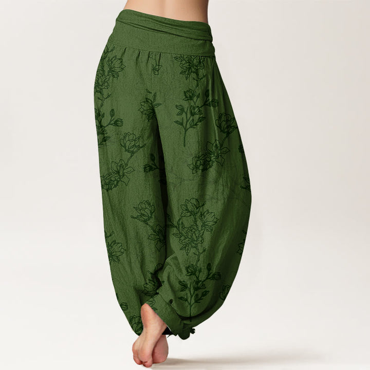Buddha Stones Cotton Simple Flower Bud Pattern Women's Elastic Waist Harem Pants - image 1