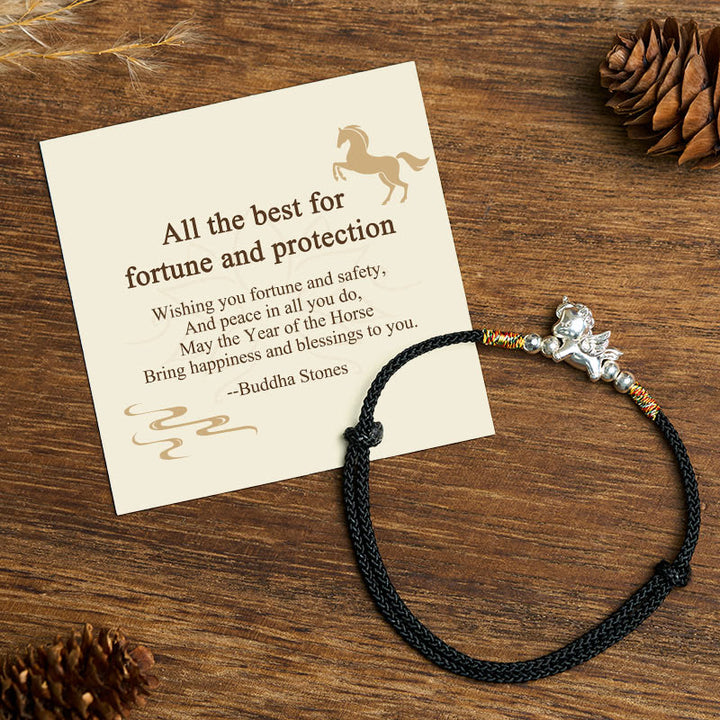 Buddha Stones "All the Best for Fortune and Protection" 925 Sterling Silver Year Of The Horse String Bracelet Includes Gift Message Card - Black(Wrist Circumference: 14-18cm) - Standard Gift Box - image 15