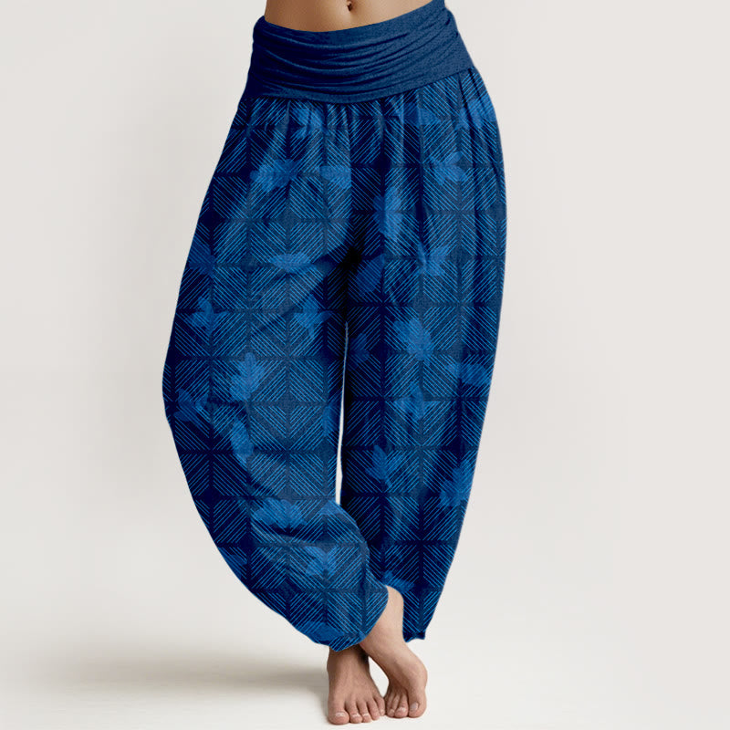 Buddha Stones Cotton Neatly Arranged Checkered Leaf Pattern Women's Elastic Waist Harem Pants - DarkBlue - US16，UK/AU20，EU48 (3XL) - image 0