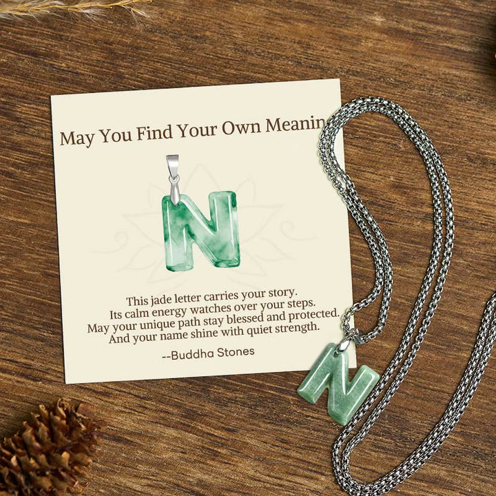 Buddha Stones "May You Find Your Own Meaning" Natural A-Z Letter Jade Titanium Steel Chain Necklace Includes Gift Message Card - N - Titanium Steel Chain(One Pendant) - Standard Gift Box - image 63