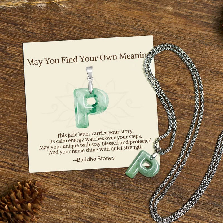 Buddha Stones "May You Find Your Own Meaning" Natural A-Z Letter Jade Titanium Steel Chain Necklace Includes Gift Message Card - P - Titanium Steel Chain(One Pendant) - Standard Gift Box - image 71