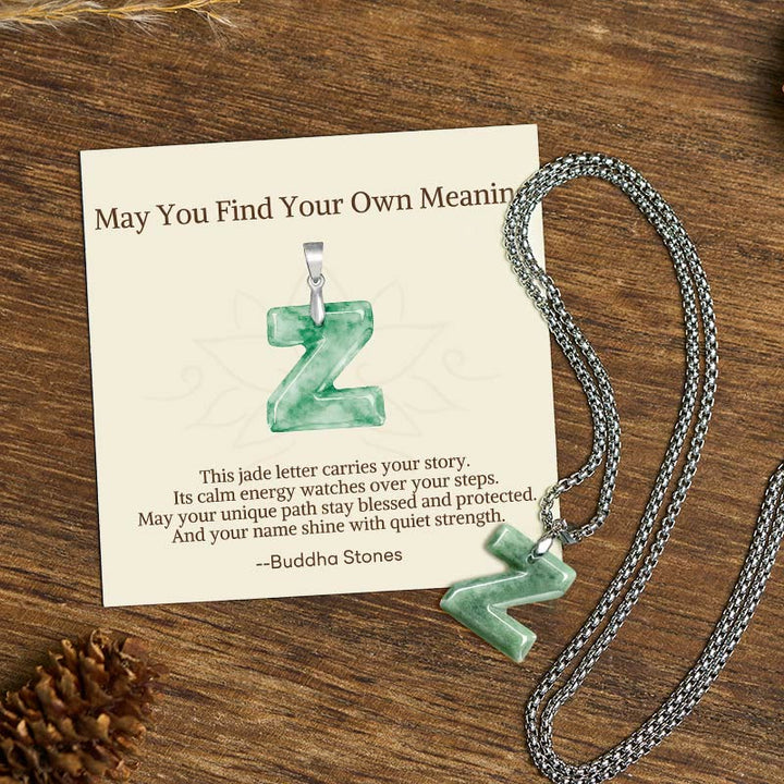 Buddha Stones "May You Find Your Own Meaning" Natural A-Z Letter Jade Titanium Steel Chain Necklace Includes Gift Message Card - Z - Titanium Steel Chain(One Pendant) - Standard Gift Box - image 111