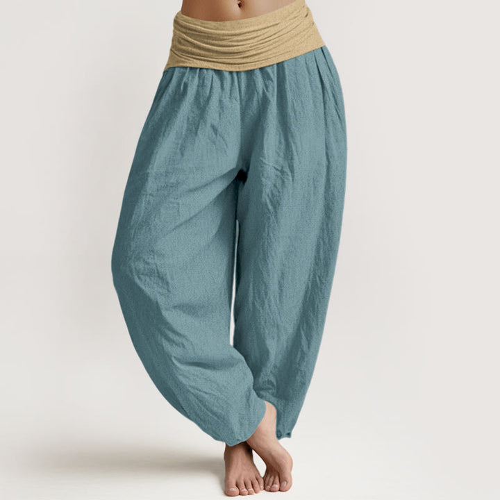 Buddha Stones Cotton Brown Blue Black Solid Color Women's Elastic Waist Harem Pants - CadetBlue - US16，UK/AU20，EU48 (3XL) - image 5