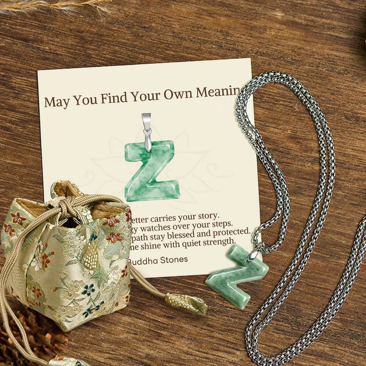 Buddha Stones "May You Find Your Own Meaning" Natural A-Z Letter Jade Titanium Steel Chain Necklace Includes Gift Message Card - Z - Titanium Steel Chain(One Pendant) - Deluxe Gift Bag (+$9.59) - image 114