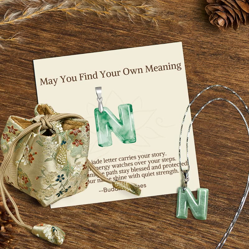 Buddha Stones "May You Find Your Own Meaning" Natural A-Z Letter Jade Titanium Steel Chain Necklace Includes Gift Message Card - image 170