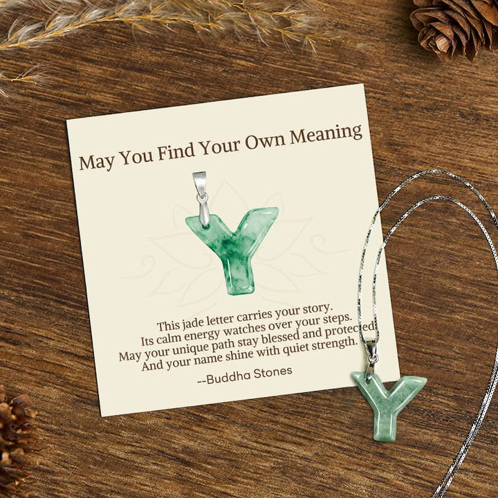 Buddha Stones "May You Find Your Own Meaning" Natural A-Z Letter Jade Titanium Steel Chain Necklace Includes Gift Message Card - image 201