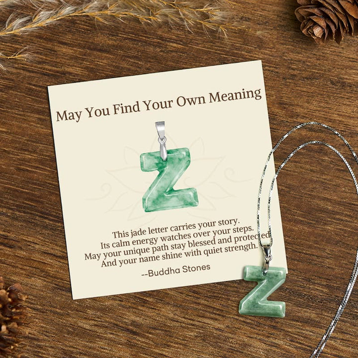 Buddha Stones "May You Find Your Own Meaning" Natural A-Z Letter Jade Titanium Steel Chain Necklace Includes Gift Message Card - image 204