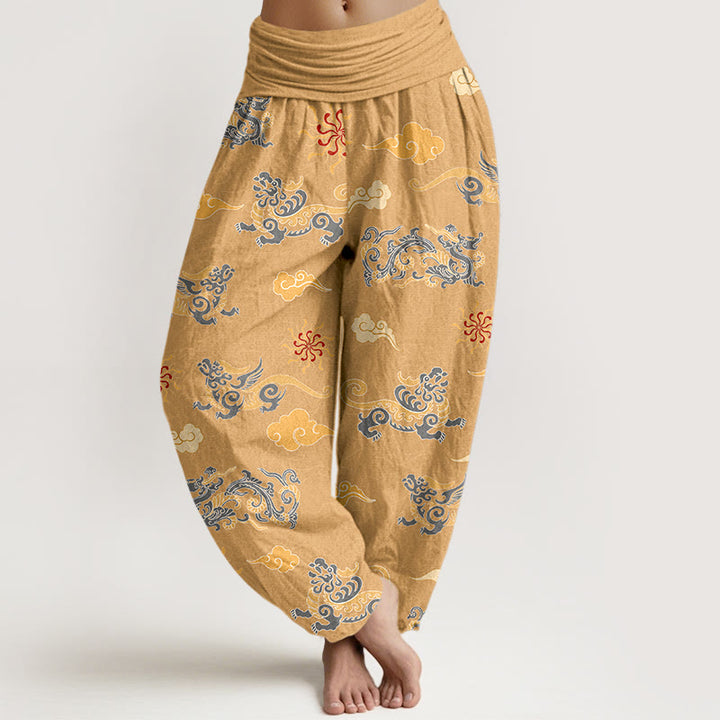 Buddha Stones Cotton Gorgeous Dragon Auspicious Beast Cloud Pattern Women's Elastic Waist Harem Pants - Gold - US16，UK/AU20，EU48 (3XL) - image 0