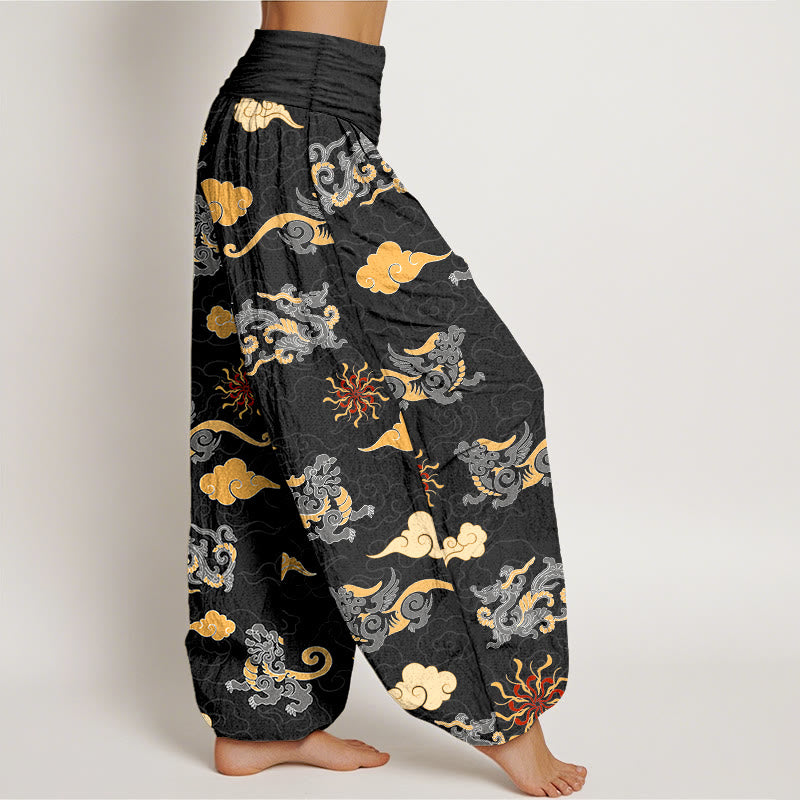 Buddha Stones Cotton Gorgeous Dragon Auspicious Beast Cloud Pattern Women's Elastic Waist Harem Pants - image 10
