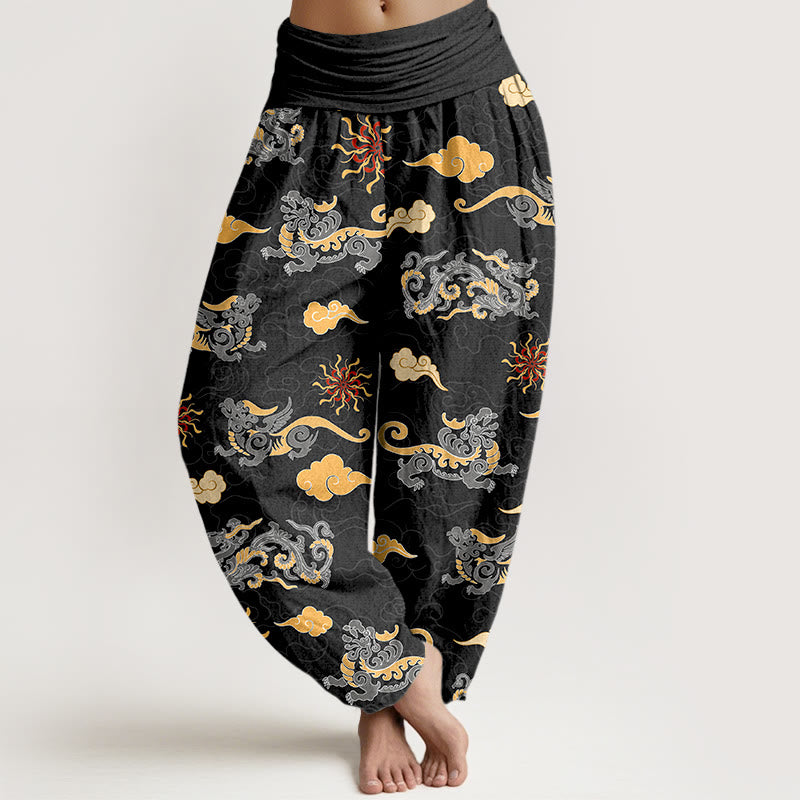 Buddha Stones Cotton Gorgeous Dragon Auspicious Beast Cloud Pattern Women's Elastic Waist Harem Pants - Black - US16，UK/AU20，EU48 (3XL) - image 8