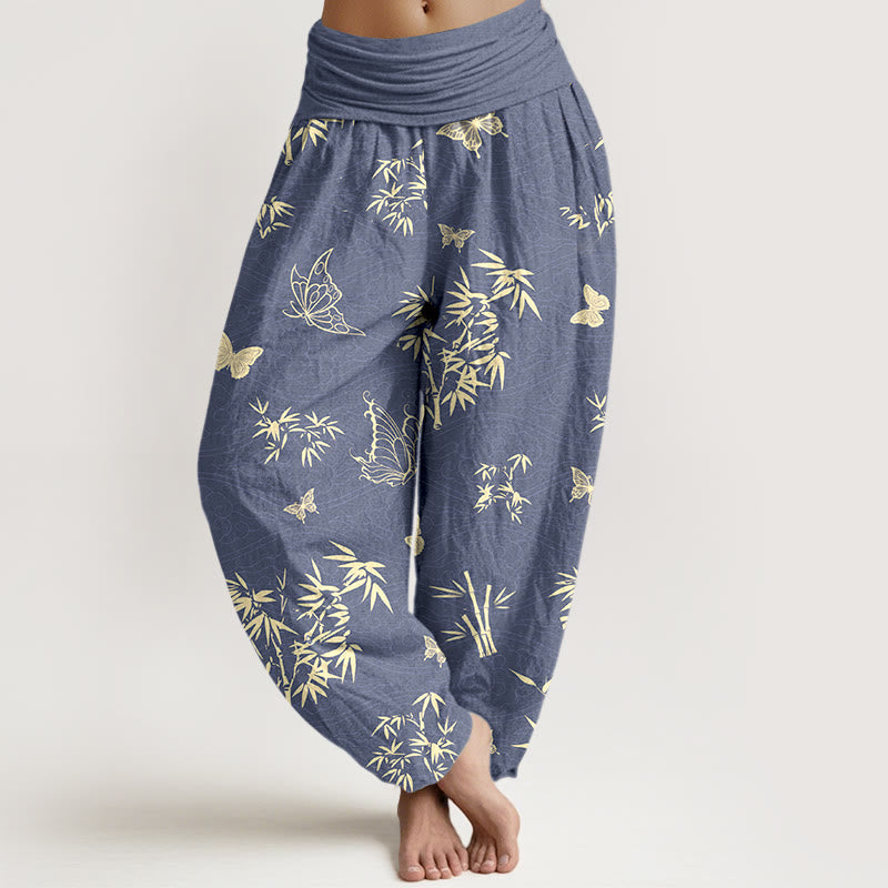 Buddha Stones Cotton Elegant Butterfly Bamboo Pattern Women's Elastic Waist Harem Pants - SlateBlue - US16，UK/AU20，EU48 (3XL) - image 0