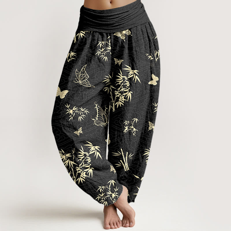 Buddha Stones Cotton Elegant Butterfly Bamboo Pattern Women's Elastic Waist Harem Pants - Black - US16，UK/AU20，EU48 (3XL) - image 5