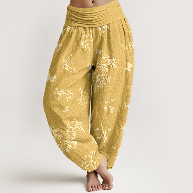 Buddha Stones Cotton Elegant Butterfly Bamboo Pattern Women's Elastic Waist Harem Pants - Gold - US16，UK/AU20，EU48 (3XL) - image 8