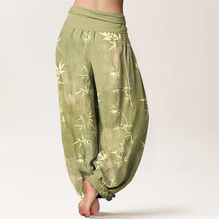 Buddha Stones Cotton Simple Bamboo Leaves Pattern Women's Elastic Waist Harem Pants - image 6