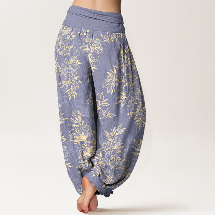 Buddha Stones Cotton Complicated Flowers Leaves Pattern Women's Elastic Waist Harem Pants - image 6