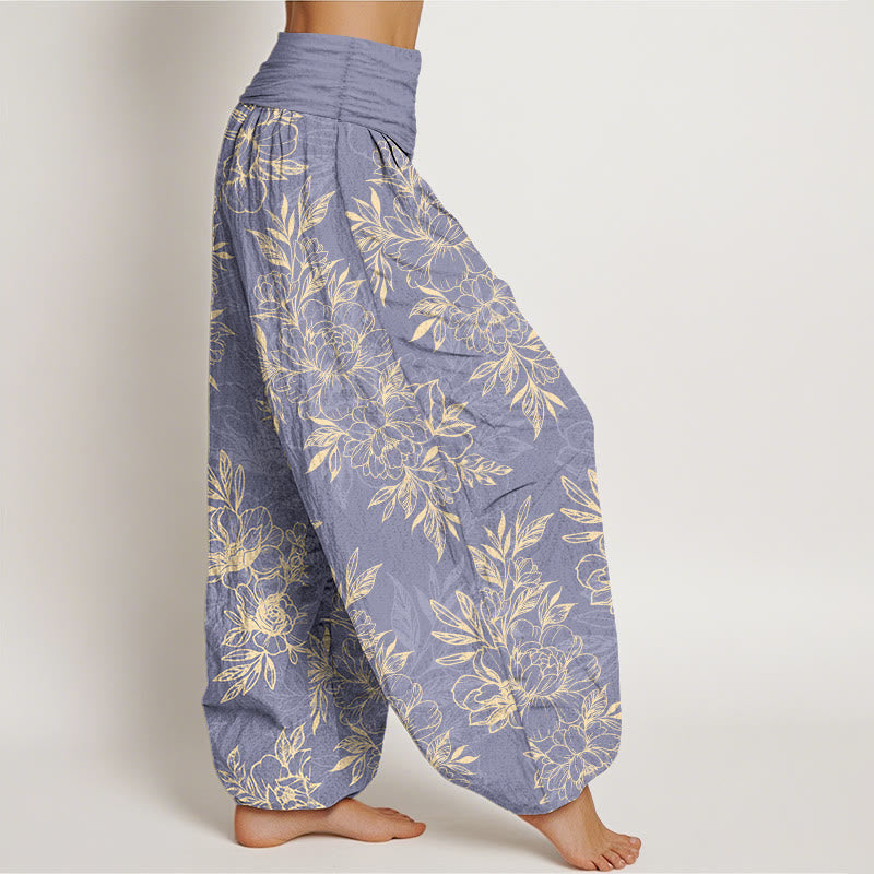 Buddha Stones Cotton Complicated Flowers Leaves Pattern Women's Elastic Waist Harem Pants - image 7