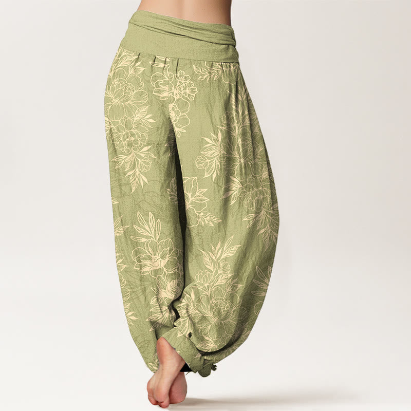 Buddha Stones Cotton Complicated Flowers Leaves Pattern Women's Elastic Waist Harem Pants - image 12