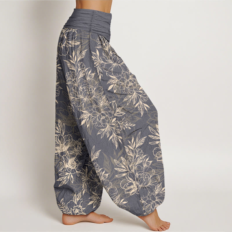 Buddha Stones Cotton Complicated Flowers Leaves Pattern Women's Elastic Waist Harem Pants - image 16