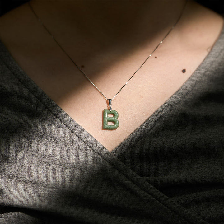 Buddha Stones Natural A-Z Letter Jade 925 Sterling Silver Silm Chain Prosperity Necklace Pendant - image 15