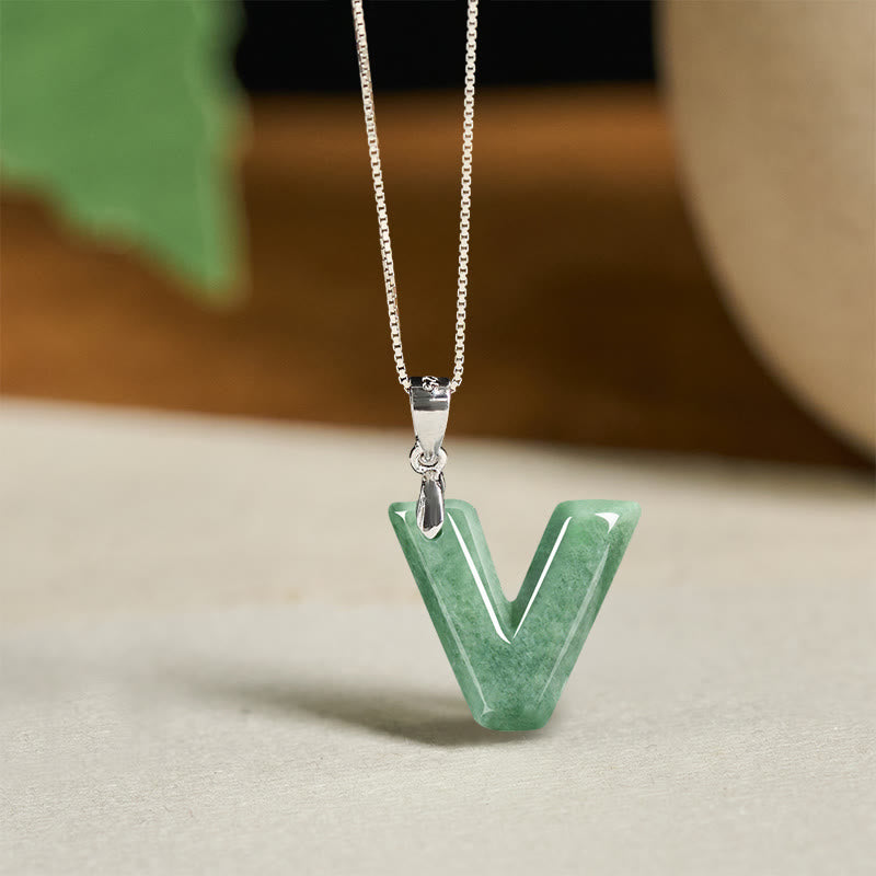 Buddha Stones Natural A-Z Letter Jade 925 Sterling Silver Silm Chain Prosperity Necklace Pendant - V - image 45