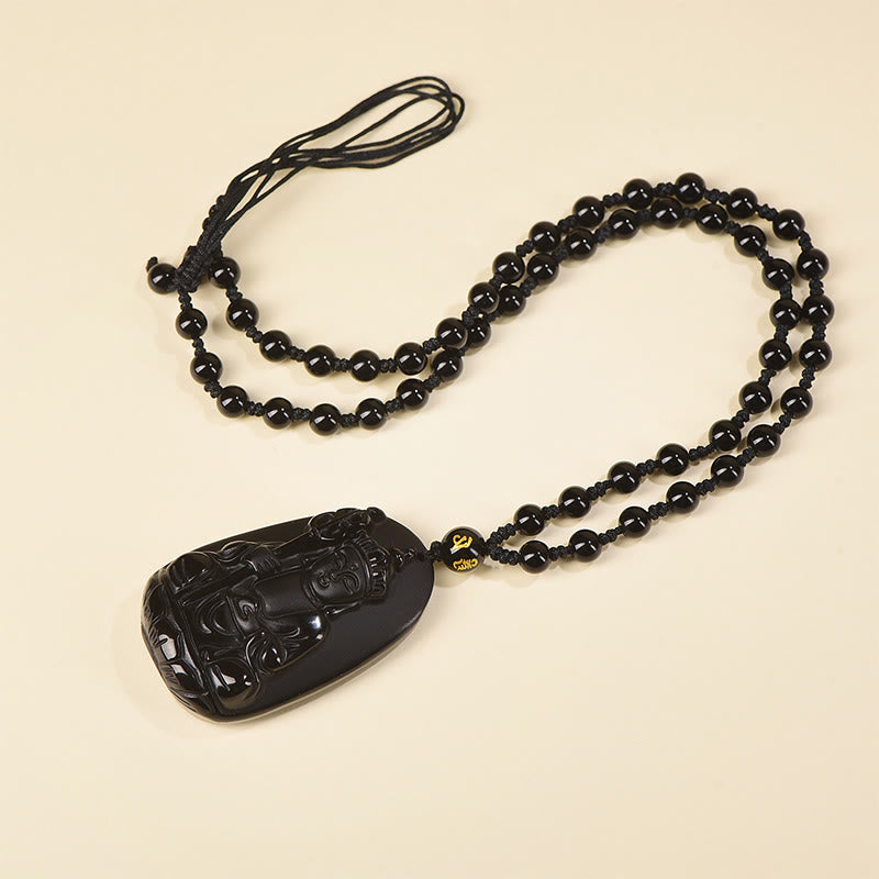 Buddha Stones Ksitigarbha Buddha Pattern Black Obsidian Fulfilment Necklace Pendant - image 1