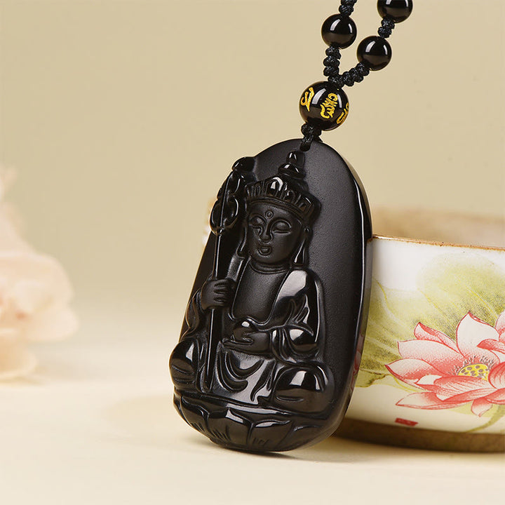 Buddha Stones Ksitigarbha Buddha Pattern Black Obsidian Fulfilment Necklace Pendant - image 2