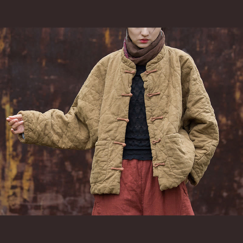 Buddha Stones Winter Frog-Button Lines Open Front Cotton Long Sleeve Women's Thermal Jacket With Pockets - Khaki - US14，UK/AU18，EU46 (2XL) - image 21