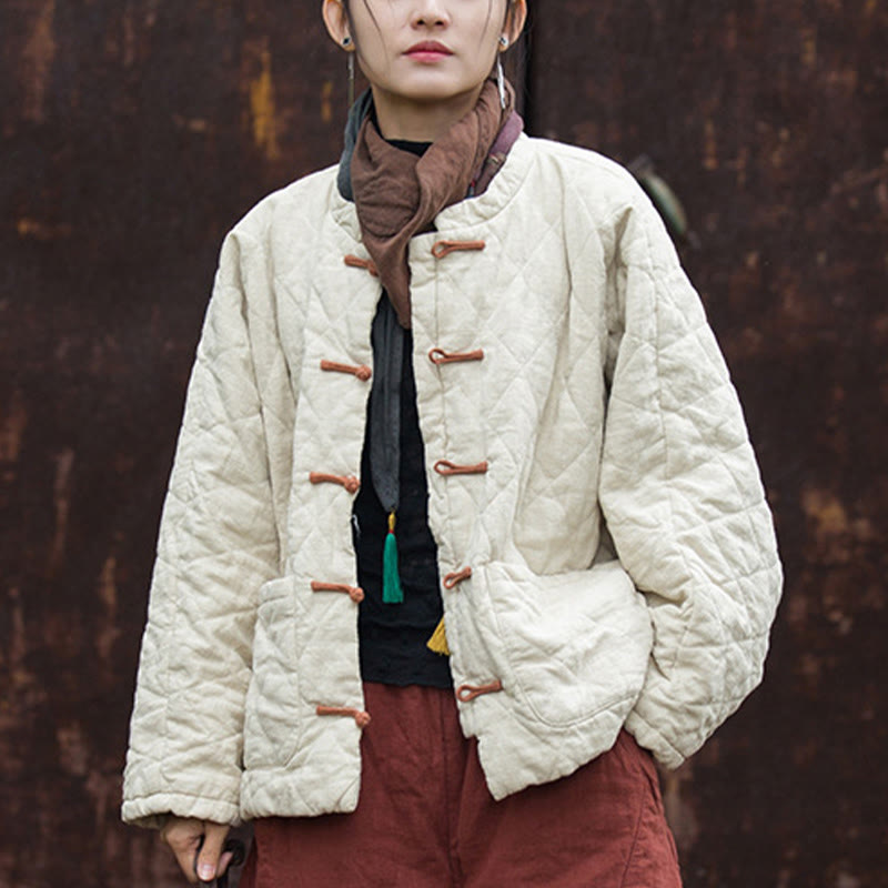 Buddha Stones Winter Frog-Button Lines Open Front Cotton Long Sleeve Women's Thermal Jacket With Pockets - image 1