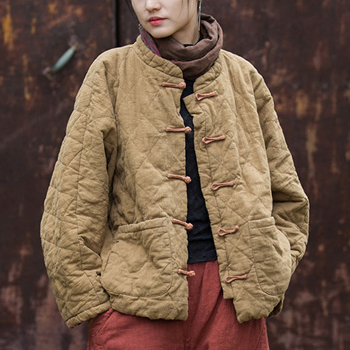 Buddha Stones Winter Frog-Button Lines Open Front Cotton Long Sleeve Women's Thermal Jacket With Pockets - image 28