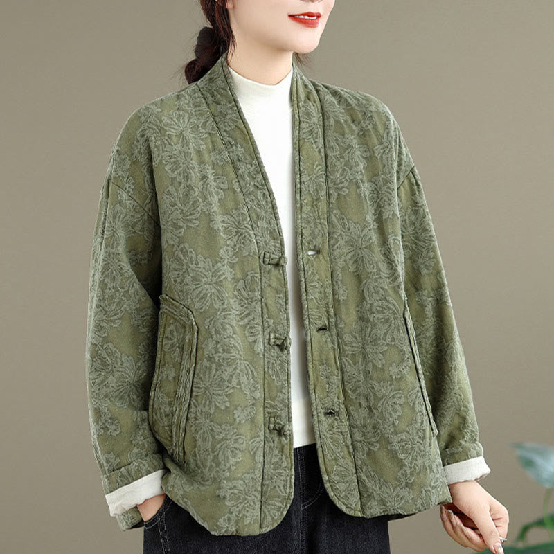 Buddha Stones Winter V-Neck Jacquard Frog-Button Cotton Long Sleeve Women's Thermal Jacket With Pockets - image 1