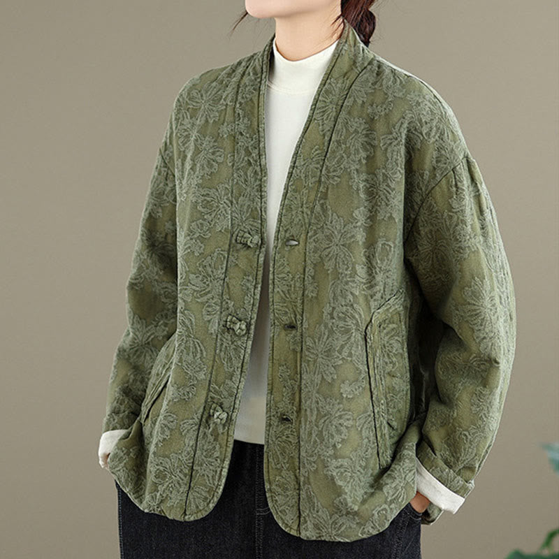 Buddha Stones Winter V-Neck Jacquard Frog-Button Cotton Long Sleeve Women's Thermal Jacket With Pockets - image 4