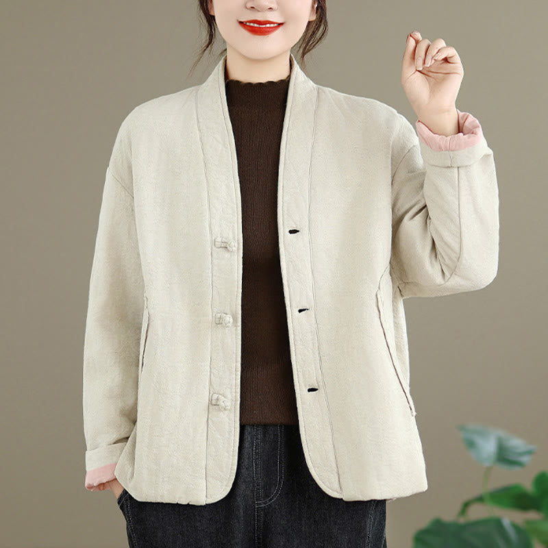 Buddha Stones Winter V-Neck Jacquard Frog-Button Cotton Long Sleeve Women's Thermal Jacket With Pockets - image 15