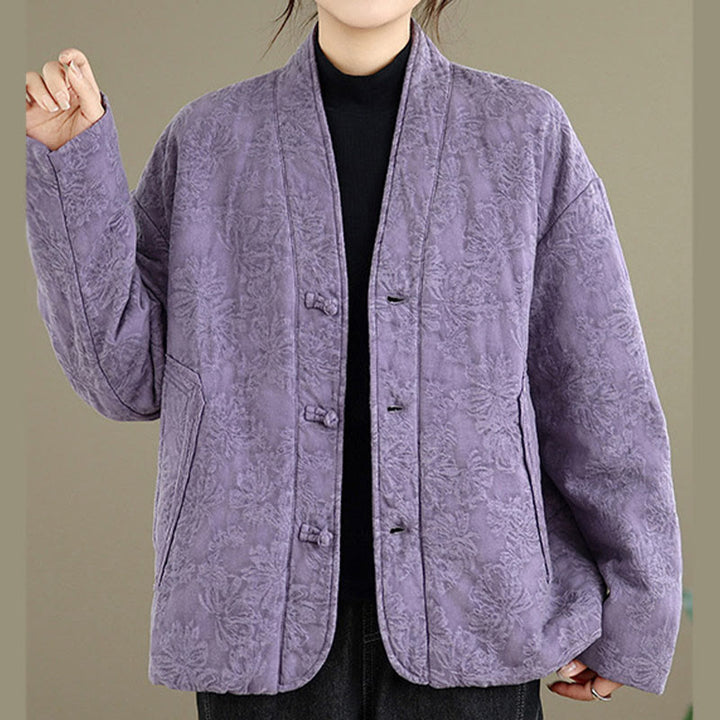 Buddha Stones Winter V-Neck Jacquard Frog-Button Cotton Long Sleeve Women's Thermal Jacket With Pockets - image 20