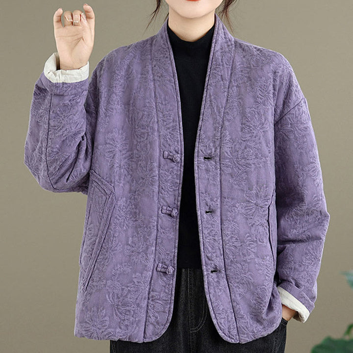 Buddha Stones Winter V-Neck Jacquard Frog-Button Cotton Long Sleeve Women's Thermal Jacket With Pockets - image 23