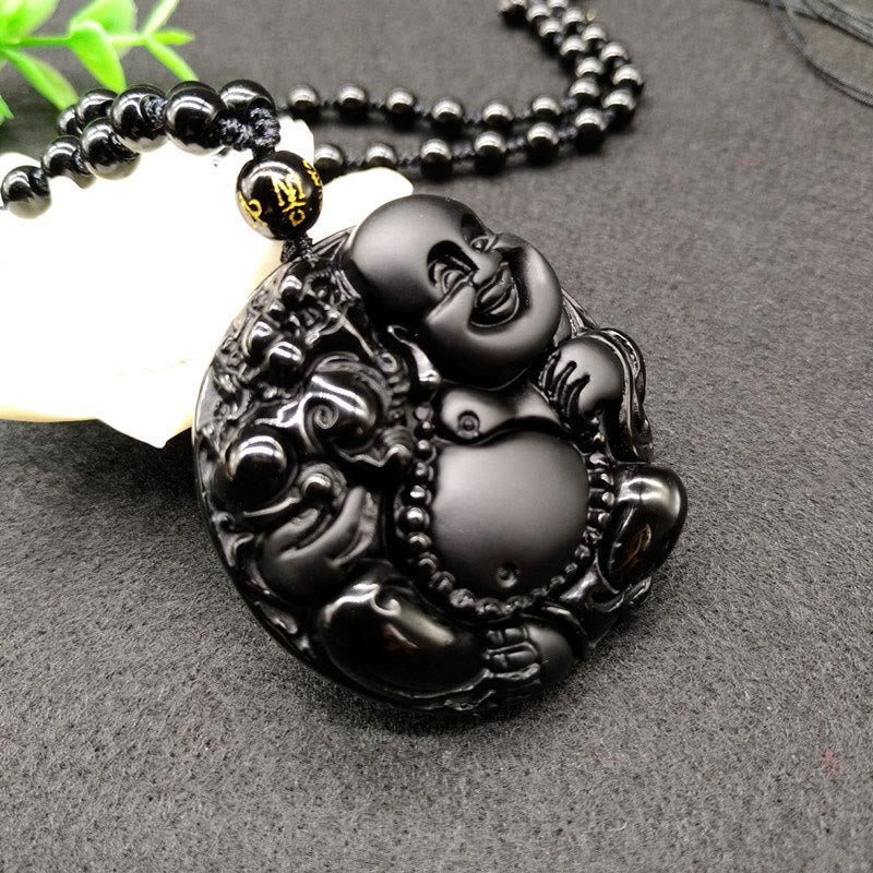 Buddha Stones Laughing Buddha Pattern Black Obsidian Glass Fulfilment Necklace Pendant - image 3