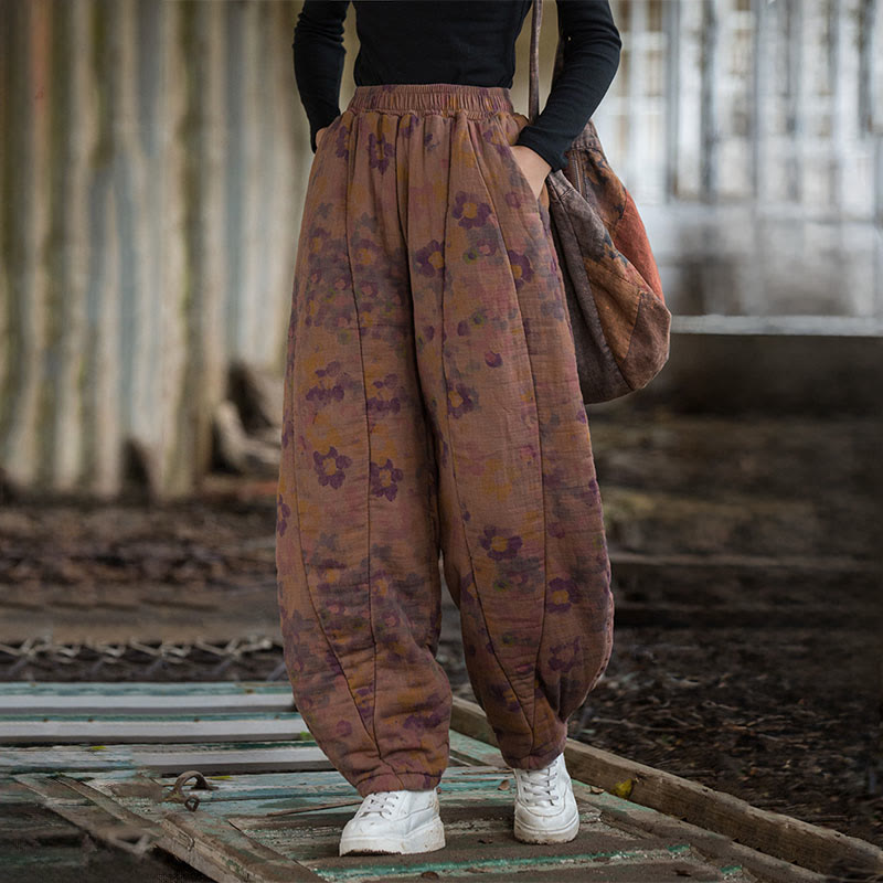 Buddha Stones Flower Pattern Cotton Thick Women's Pants With Pockets - image 10