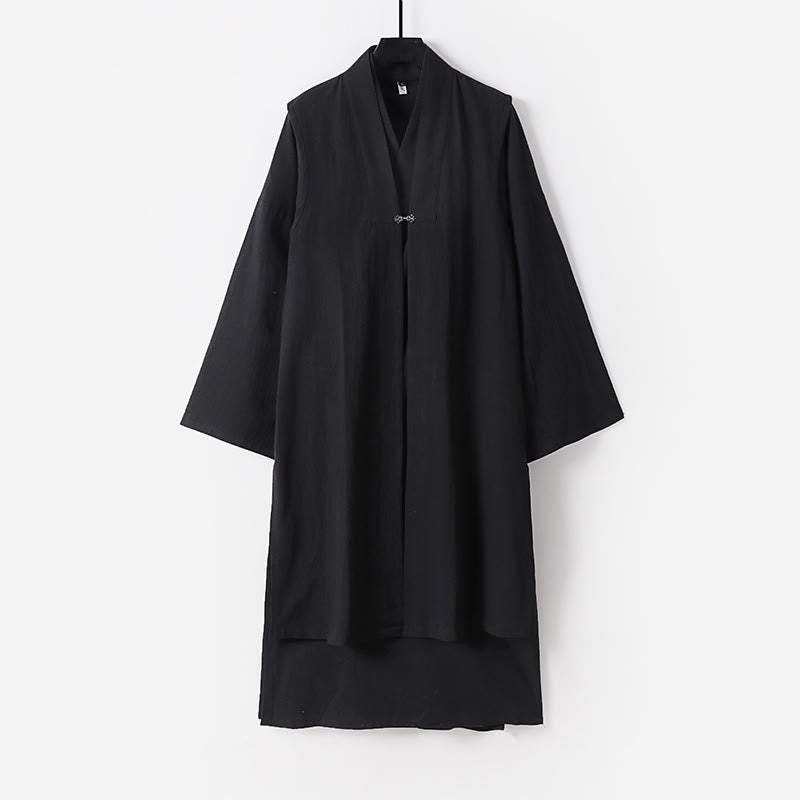 Buddha Stones 2Pcs Wudang Fall Solid Long Sleeve Men's Taoist Long Robe Sleeveless Vest Lace-up Kimono Ceremony Suit - Black - US/UK/AU54，EU64 (9XL) - image 9