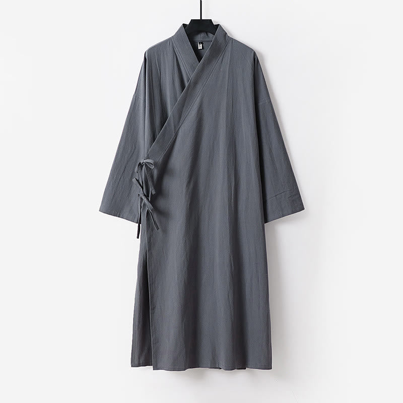 Buddha Stones 2Pcs Wudang Fall Solid Long Sleeve Men's Taoist Long Robe Sleeveless Vest Lace-up Kimono Ceremony Suit - image 2