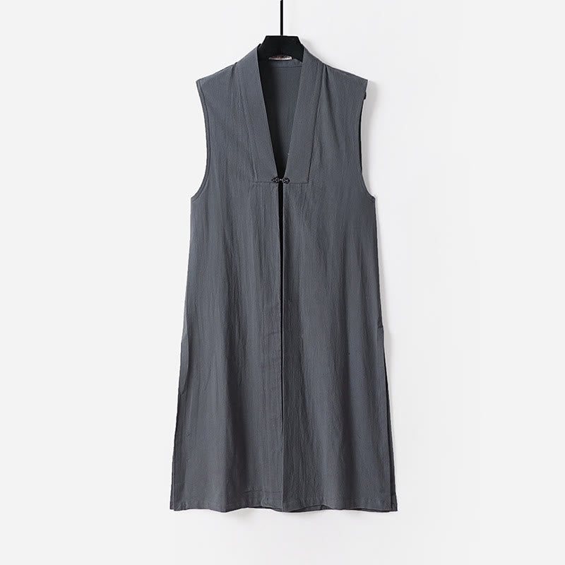 Buddha Stones 2Pcs Wudang Fall Solid Long Sleeve Men's Taoist Long Robe Sleeveless Vest Lace-up Kimono Ceremony Suit - image 1