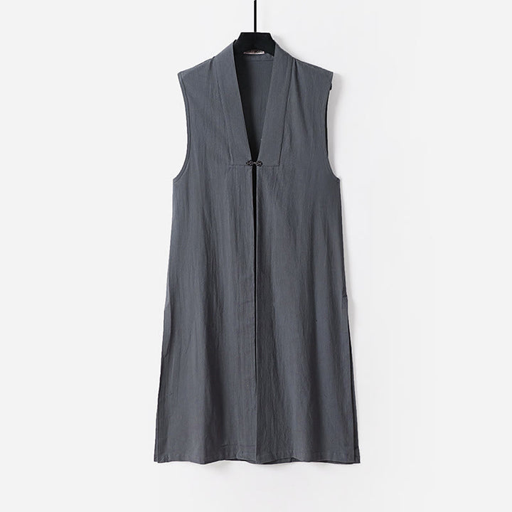 Buddha Stones 2Pcs Wudang Fall Solid Long Sleeve Men's Taoist Long Robe Sleeveless Vest Lace-up Kimono Ceremony Suit - image 1