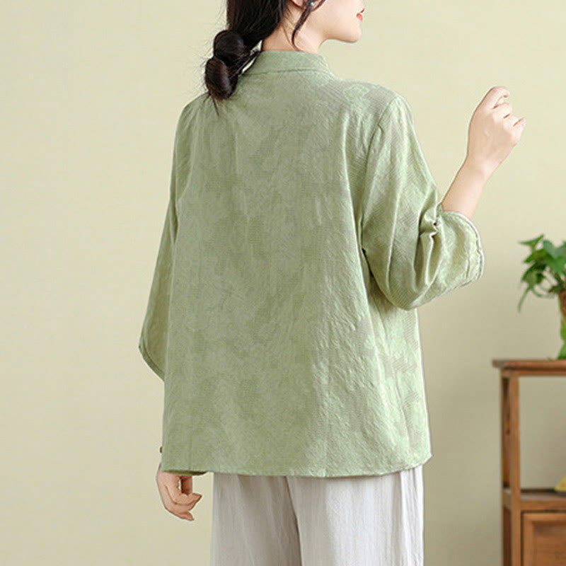 Buddha Stones Flower Embroidery Three Quarter Sleeve One Frog-Button Mandarin Collar Cotton Women's Shirt - image 2