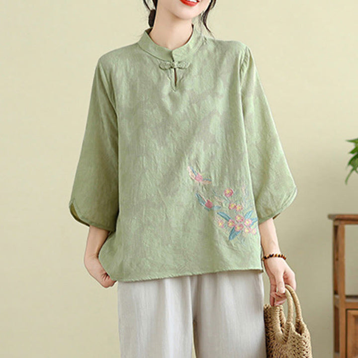 Buddha Stones Flower Embroidery Three Quarter Sleeve One Frog-Button Mandarin Collar Cotton Women's Shirt - image 6