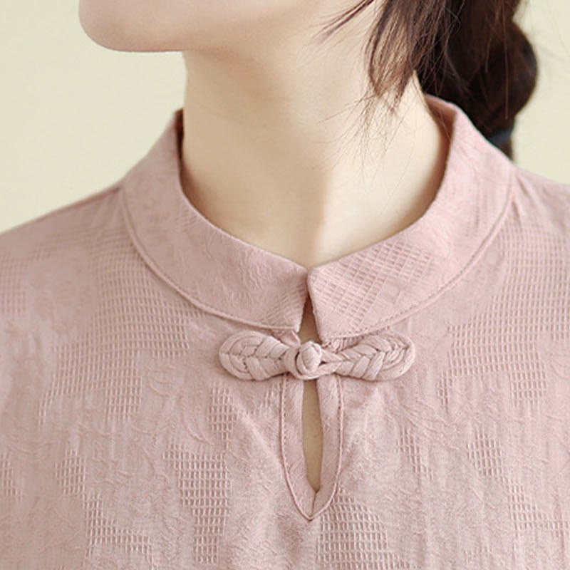 Buddha Stones Flower Embroidery Three Quarter Sleeve One Frog-Button Mandarin Collar Cotton Women's Shirt - image 23