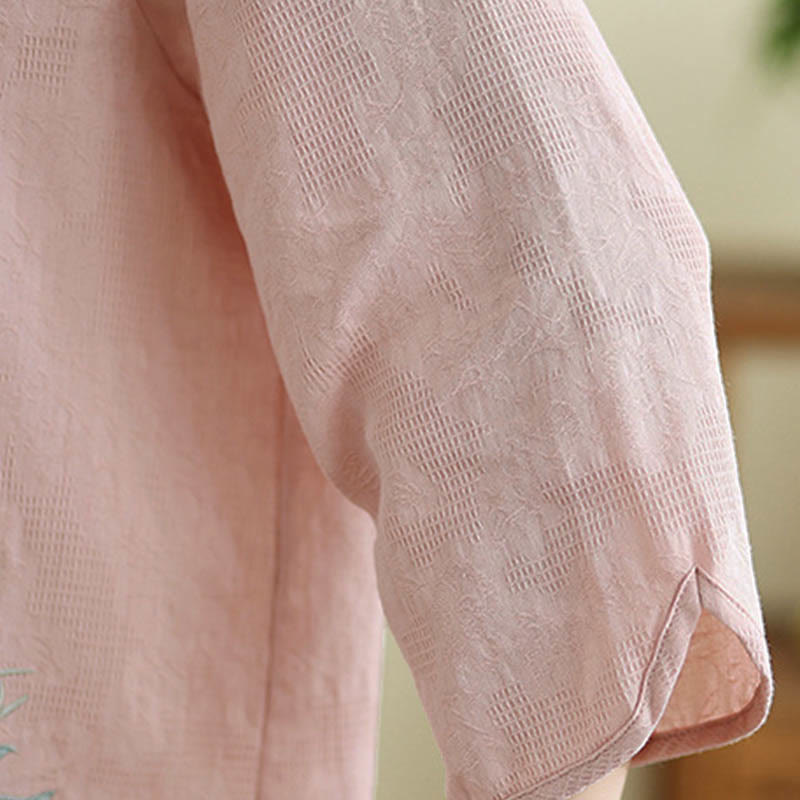 Buddha Stones Flower Embroidery Three Quarter Sleeve One Frog-Button Mandarin Collar Cotton Women's Shirt - image 24