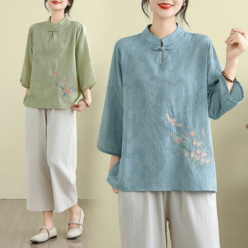Buddha Stones Flower Embroidery Three Quarter Sleeve One Frog-Button Mandarin Collar Cotton Women's Shirt - image 15
