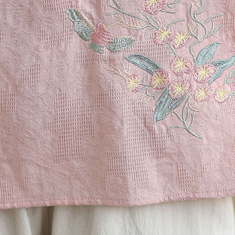 Buddha Stones Flower Embroidery Three Quarter Sleeve One Frog-Button Mandarin Collar Cotton Women's Shirt - image 25