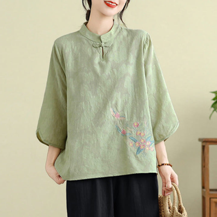 Buddha Stones Flower Embroidery Three Quarter Sleeve One Frog-Button Mandarin Collar Cotton Women's Shirt - image 7